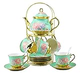 20 Pieces Porcelain Tea Set With Metal Holder, European Ceramic tea set for adults,Flower Tea Set,Tea Set For Women With Flower Painting (Large version, Green)