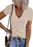 MEROKEETY Women's Short Sleeve V Neck Ribbed Knit Button T Shirts Henley Solid Color Summer Tops