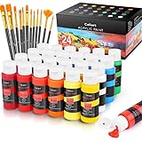 Caliart Acrylic Paint Set With 12 Brushes, 24 Colors (59ml, 2oz) Art Craft Paints Gifts for Artists Kids Beginners & Painters, Halloween Pumpkin Canvas Ceramic Rock Painting Kit Art Supplies