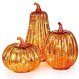 KI Store Glass Pumpkin with Lights and Timer Set of 3 Lighted Mercury Glass Pumpkins for Fall Halloween Thanksgiving Decorations Battery Operated