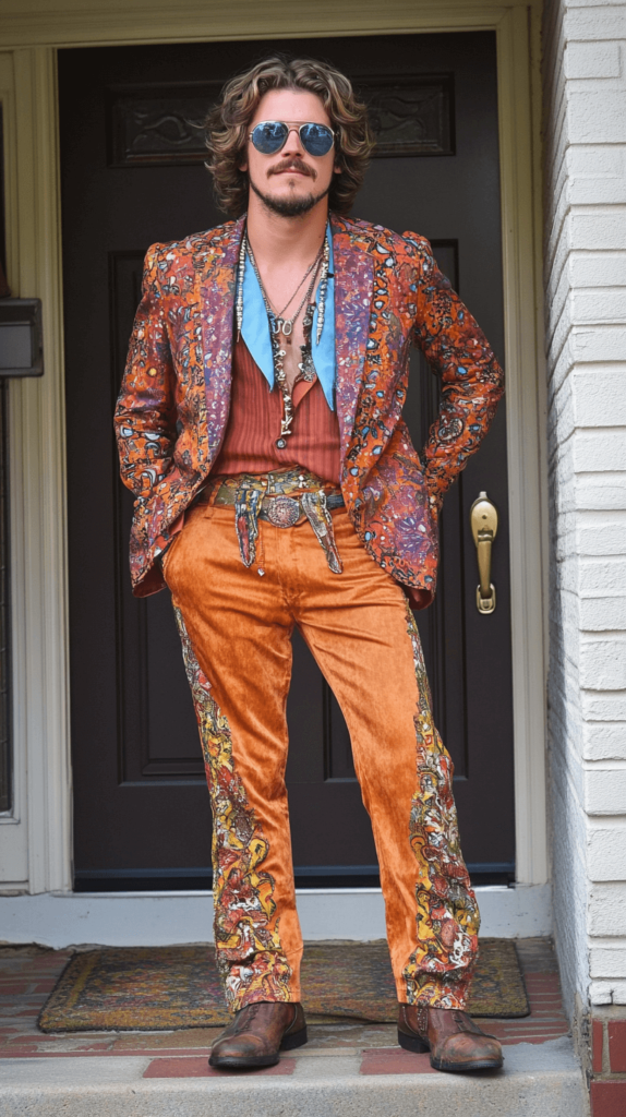 man with shoulder length hair, a mustache and beard wearing clothes from the 70s