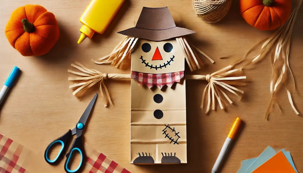 scarecrow puppet made from paper bag; fall crafts for kids