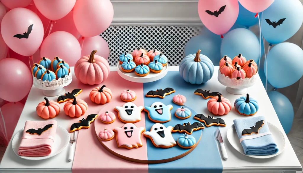 A Halloween baby shower table with one side decorated in pink with pink pumpkins and ghost cookies, and the other side in blue with blue pumpkins and bat cookies, surrounded by matching balloons.