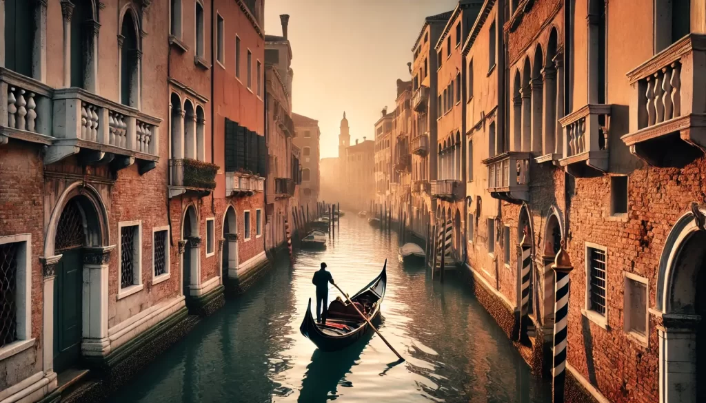 A traditional Venetian gondola gliding along a wider canal, with large houses that are hundreds of years old on either side. The gondolier stands at the back of the gondola and steers it with a long stick. He wears a traditional striped shirt and straw hat. In the late afternoon, the scene takes place, and the warm light from the setting sun lights up the water. In the distance, you can see more gondolas and small boats, which adds to the lively atmosphere of Venice. 