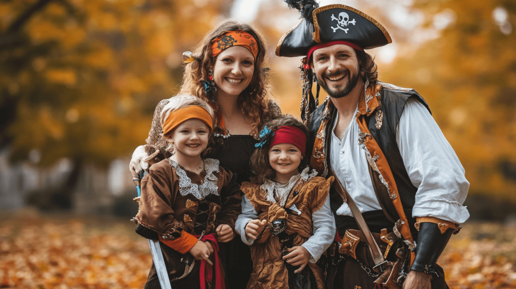 A joyful family of four dressed in coordinated pirate costumes for Halloween, standing together and smiling. The parents are wearing traditional pirate outfits with tricorn hats, eye patches, and swords, while the two children are dressed as mini pirates with bandanas and toy parrot props. The background is a simple outdoor setting with fall leaves scattered on the ground, capturing the festive and adventurous spirit of Halloween. Family Halloween costumes. 