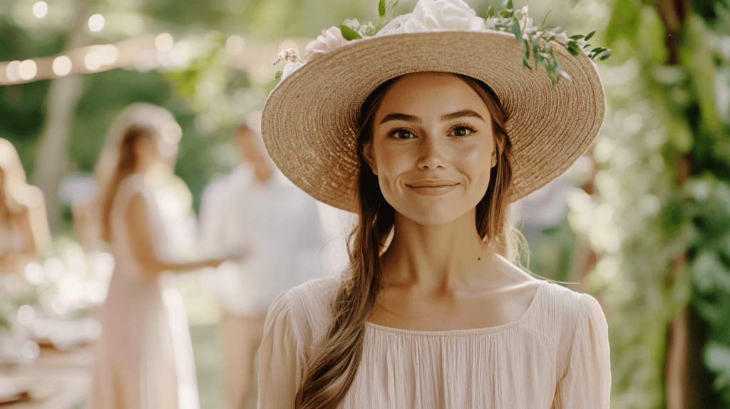 woman in a large brim hat with flowers