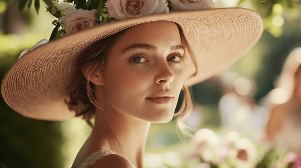 close-up of a woman looking to  the side wearing a wide-brimmed hat