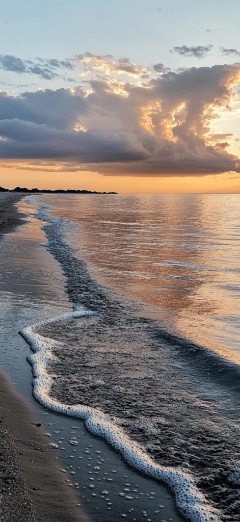 ocean water on the shore at sunset; summer beach wallpaper