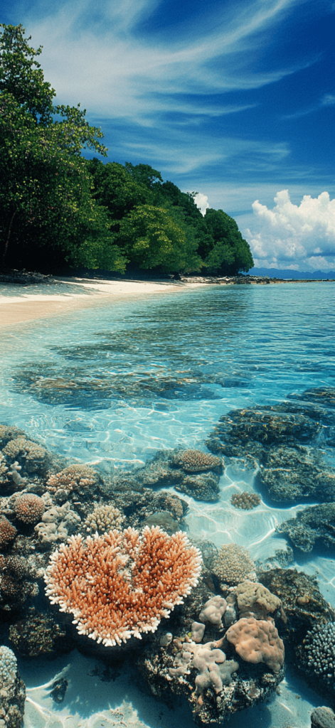 vibrant coral reef in the ocean water with trees on the beach
