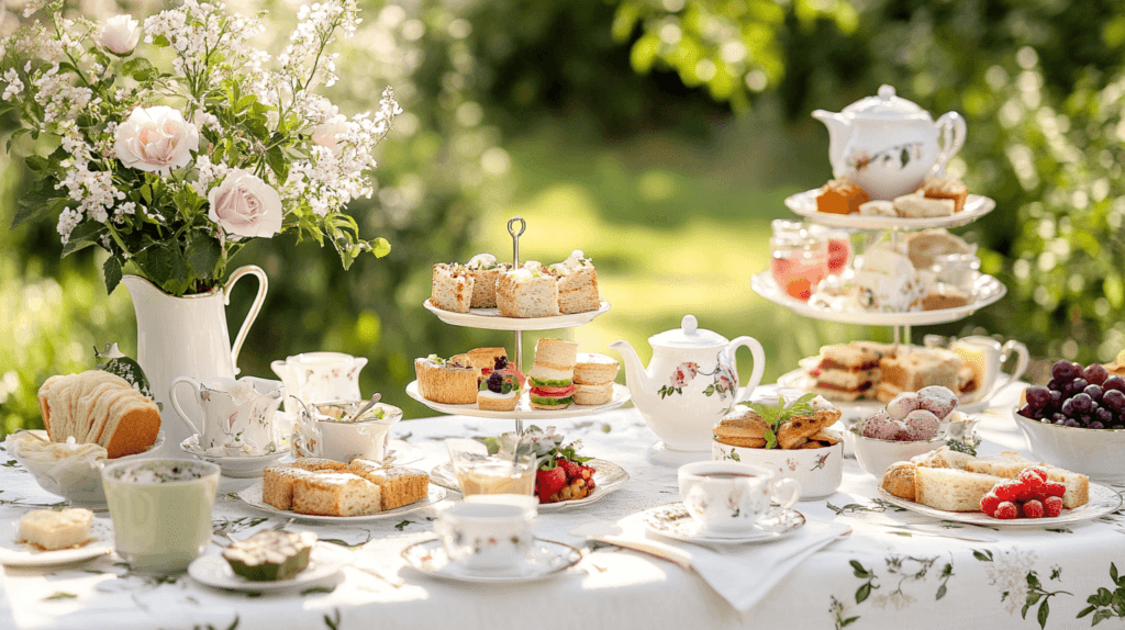 tea kettle and tea cups on an outdoor table