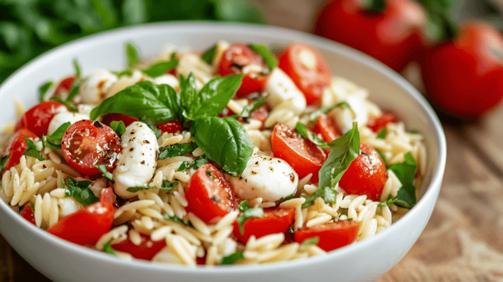 caprese orzo salad in white serving bowl