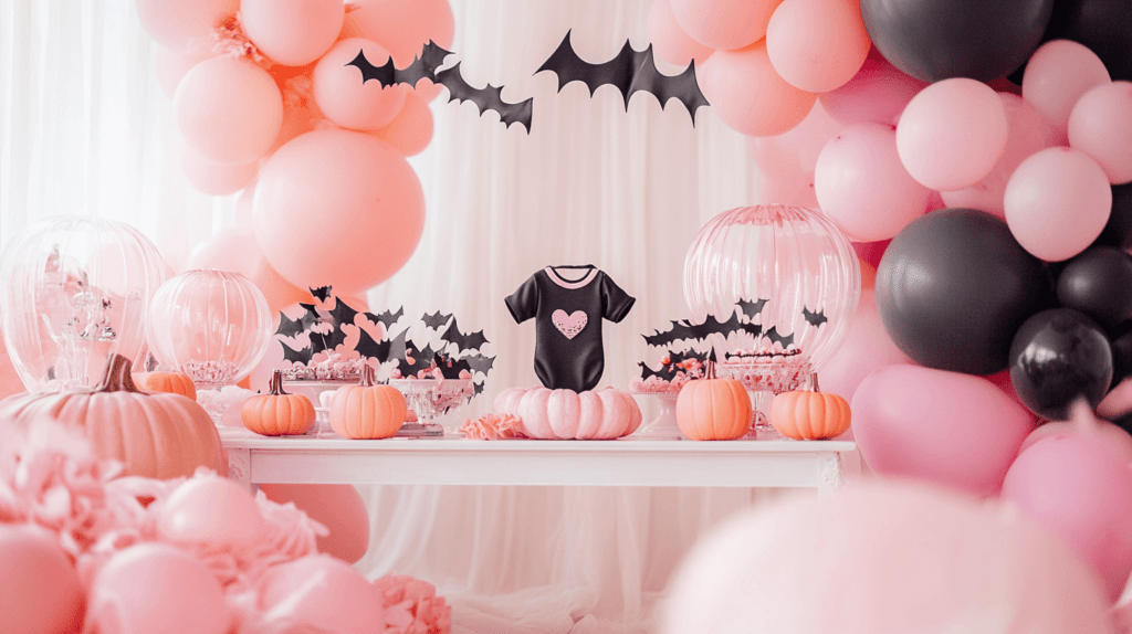 A charming Halloween baby shower setup in shades of pink and black, with pink pumpkins, a baby onesie-shaped cake decorated with tiny bats, and pink and black balloons, surrounded by soft pink lighting.