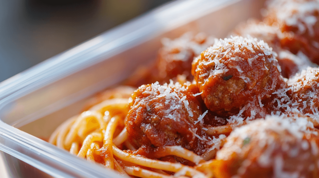 A close-up of a container filled with a serving of spaghetti topped with juicy, homemade meatballs and marinara sauce. The spaghetti is neatly twirled in the container, with the meatballs nestled on top, glistening with rich, red sauce. A light sprinkle of grated Parmesan cheese adds the finishing touch. The container sits on a simple, neutral surface, with natural light highlighting the appetizing colors and textures of the dish. The scene feels warm and inviting, perfect for a comforting lunch.