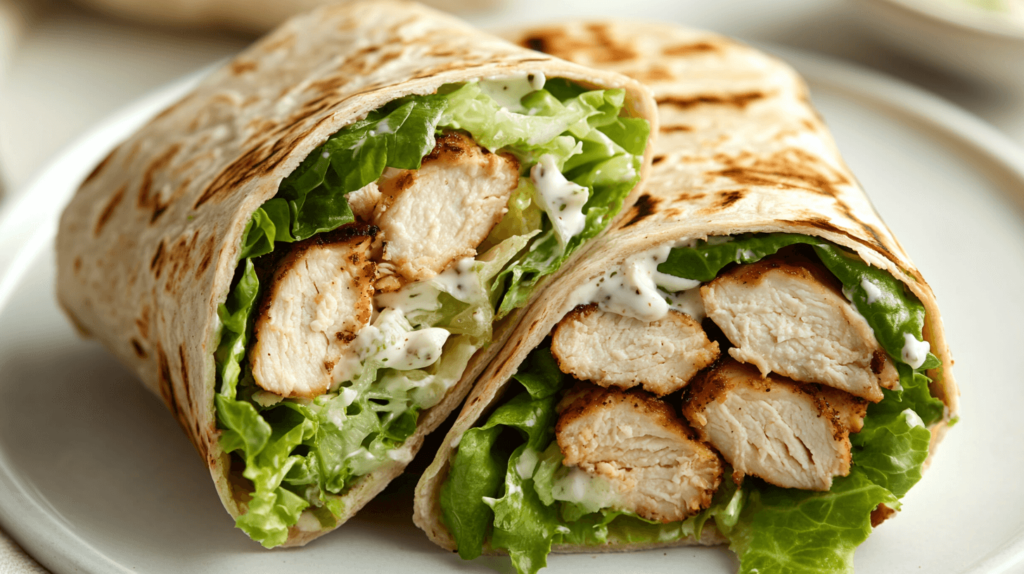 A close-up of a sliced chicken Caesar wrap, neatly cut in half and placed on a simple, white plate. The wrap is filled with grilled chicken, crisp Romaine lettuce, shredded Parmesan cheese, and a creamy Caesar dressing, all tightly rolled in a soft, whole wheat tortilla. The filling is visible, with the textures of the lettuce and chicken contrasting with the smooth dressing. The plate is set on a clean, neutral surface, with natural light enhancing the freshness and appeal of the ingredients. The scene is inviting and perfect for a satisfying, healthy lunch. Lunch ideas for kids. 