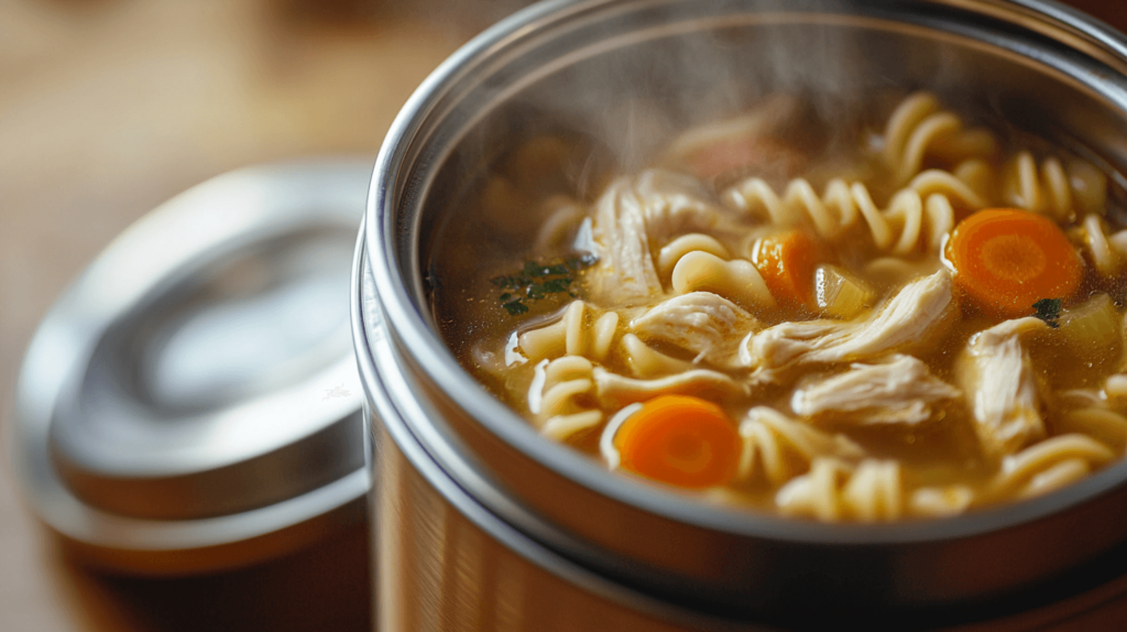 A close-up of a stainless steel thermos filled with steaming chicken noodle soup. The soup is packed with tender pieces of chicken, spiral noodles, and sliced carrots, all floating in a rich, golden broth. The thermos is sitting on a clean, neutral-colored surface, with the lid placed nearby. The lighting is soft, highlighting the texture and warmth of the soup.