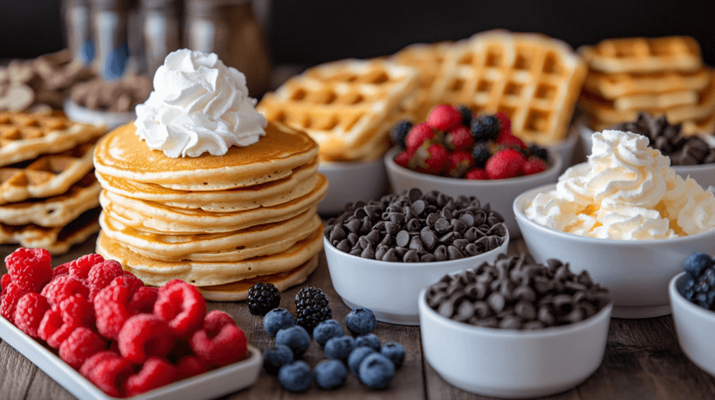 family brunch ideas, pancake, waffle bar with toppings