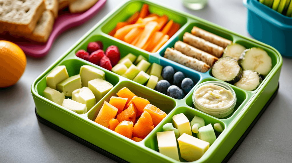 A colorful, organized lunchbox filled with a variety of kid-friendly foods including cut-up fruits, veggies, cheese cubes, mini sandwiches, and a small container of dip. The lunchbox compartments are neatly arranged, and the food is vibrant and fresh. The background is a neutral, clean surface, with natural lighting highlighting the freshness of the ingredients. 