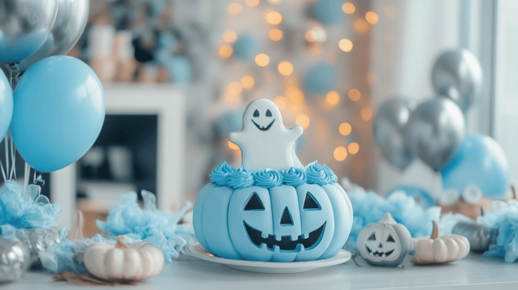 A cute Halloween baby shower setting in shades of blue and silver, featuring blue pumpkins, ghost-shaped cookies with blue frosting, and blue and silver balloons, with a cozy atmosphere created by soft, warm lighting.