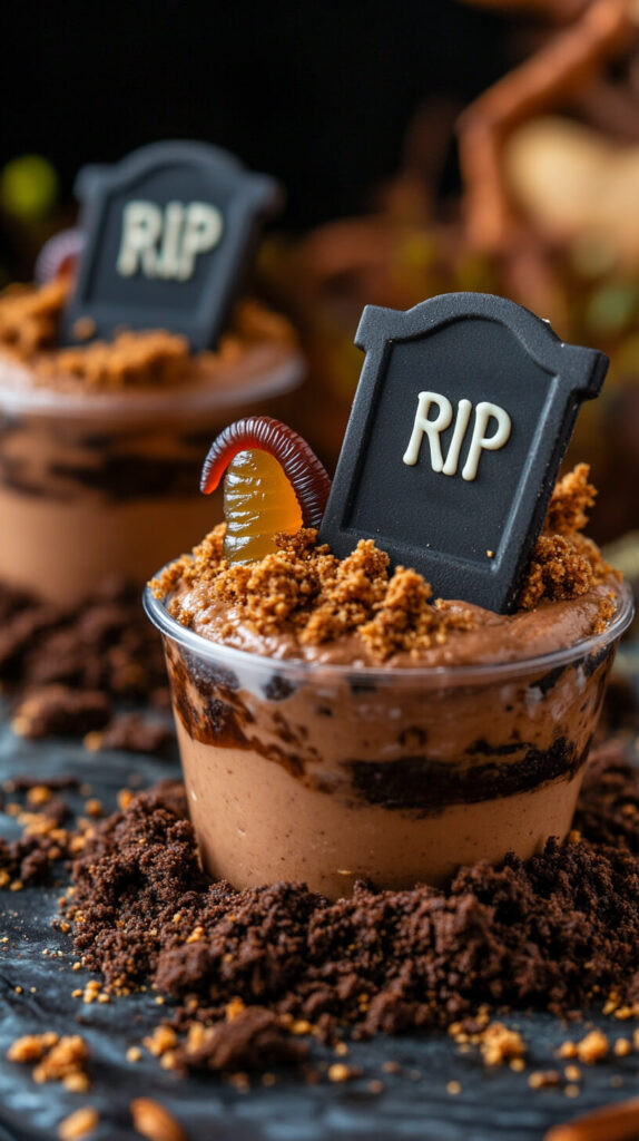 A detailed image of "graveyard pudding cups," showing chocolate pudding topped with crushed cookies resembling dirt, a gummy worm sticking out, and a cookie tombstone with "RIP" written on it. Halloween food ideas. 

