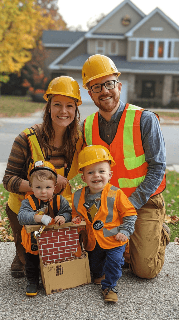 family of four dressed as construction workers; family halloween costumes with kid