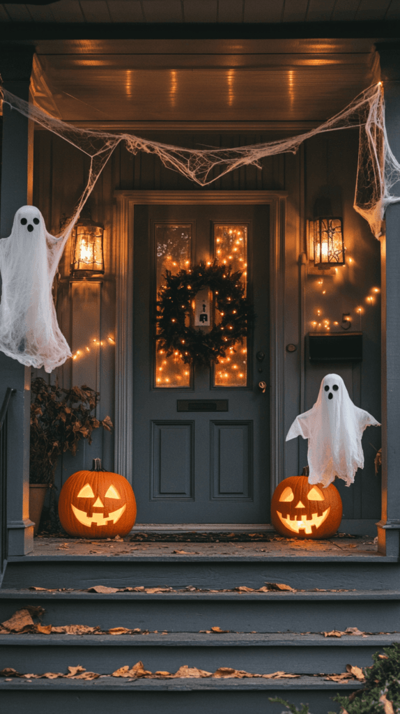 front porch decorated for Halloween