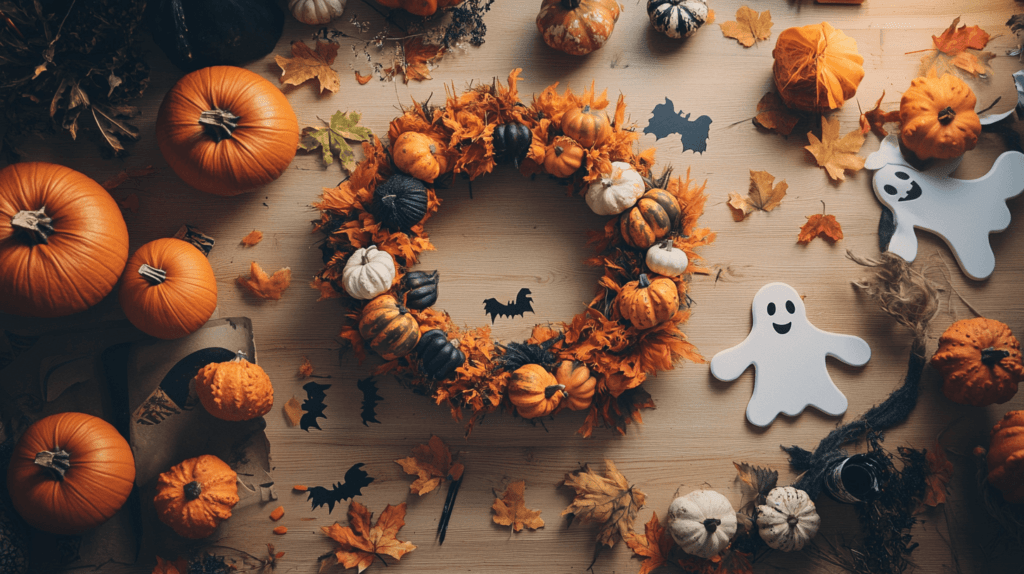 crafting table with Halloween wreath, pumpkins, and ghosts