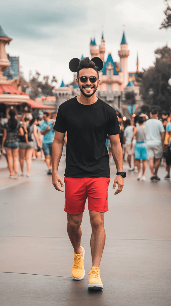 A man wearing a black shirt, red shorts, and yellow shoes, with Mickey Mouse ears. He is smiling and walking through a lively Disney park. Disney outfit. 