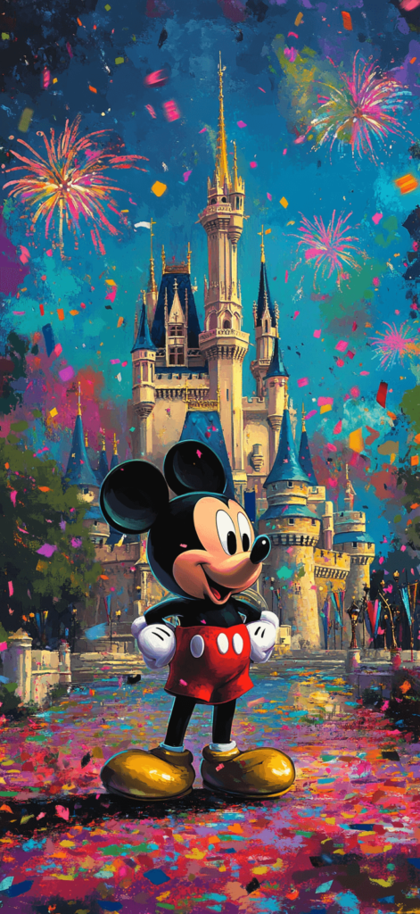 Mickey mouse in front of the castle; Disney wallpaper