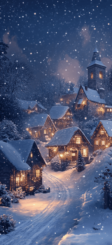 snowy village at night; Christmas wallpaper