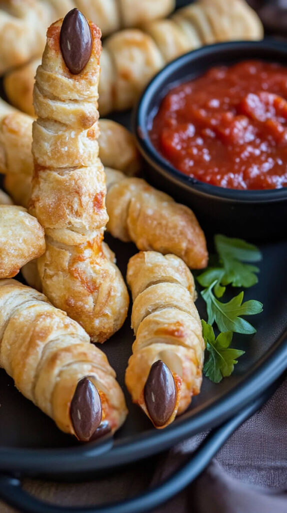 A spooky presentation of "witches’ fingers," featuring breadsticks shaped like fingers with an almond or olive "nail" at the tip, served with marinara sauce in a small bowl on the side.

