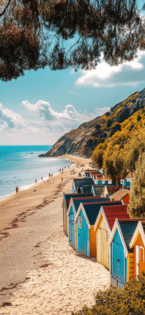 colorful wooden beach huts on the shoreline