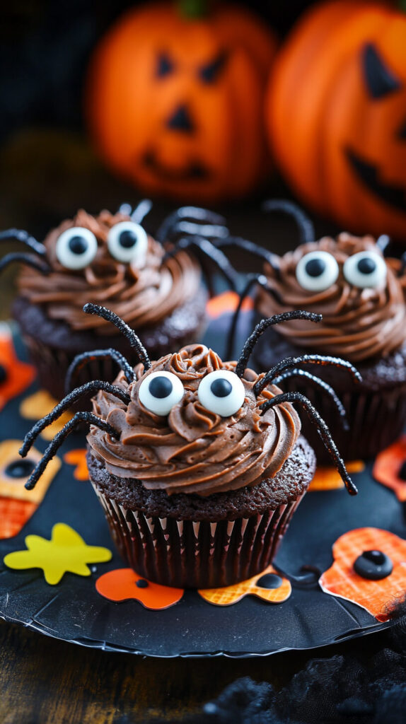 A vibrant photo of "spider cupcakes," showcasing chocolate cupcakes frosted with chocolate icing, black licorice legs, and candy eyes, arranged on a Halloween-themed plate.

