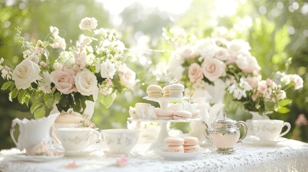 vintage inspired tea party bridal shower table set up