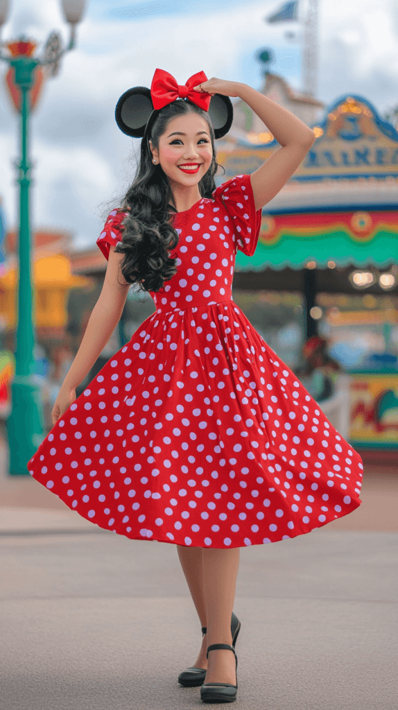 A woman wearing a red polka-dot dress, black flats, and Minnie Mouse ears. She has a red bow in her hair, standing in a theme park with vibrant colors in the background.