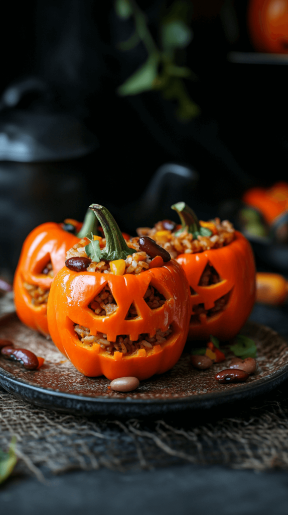 An appetizing shot of "jack-o'-lantern stuffed peppers," featuring bright orange bell peppers carved with jack-o'-lantern faces, stuffed with a mix of rice, beans, and vegetables, served on a rustic plate.

