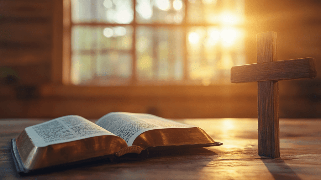 An open Bible on a wooden table with soft sunlight filtering through a nearby window. The Bible pages are gently turned, revealing a passage highlighted in warm light. A rustic cross made of wood rests beside the Bible, creating a serene and reverent atmosphere. The focus is on the Bible, symbolizing strength and guidance through prayer.