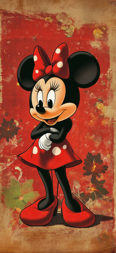 Minnie mouse in front of a red and light brown art background