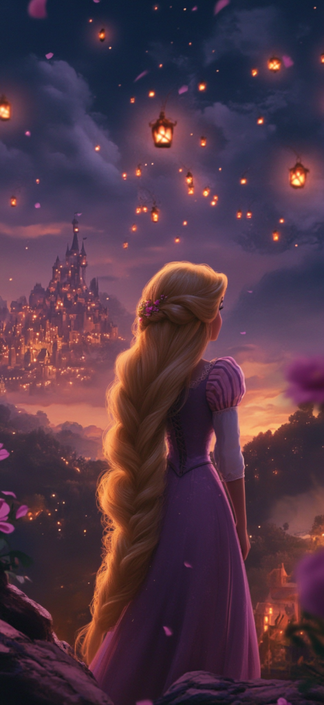 Rapunzel from behind with long blonde braid