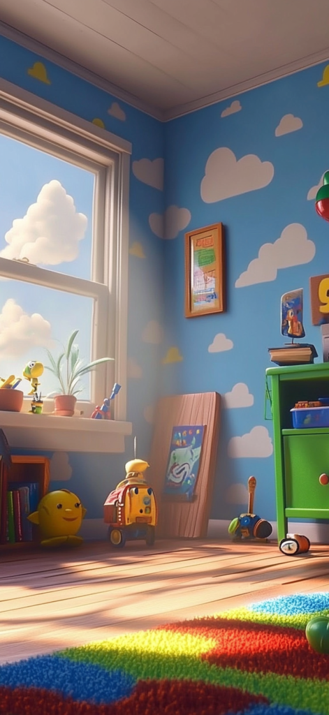 Toy story room with white cloud wallpaper