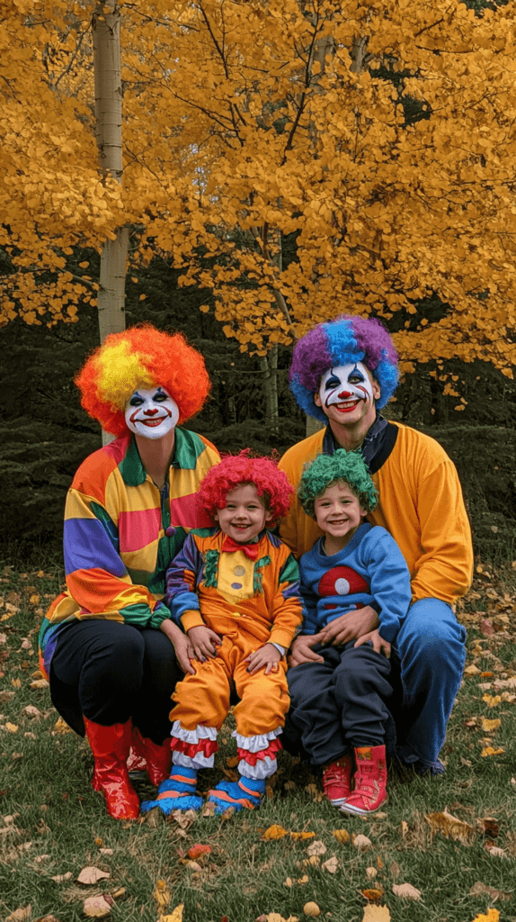 family of four dressed as clowns for Halloween; mom dad, and two kids