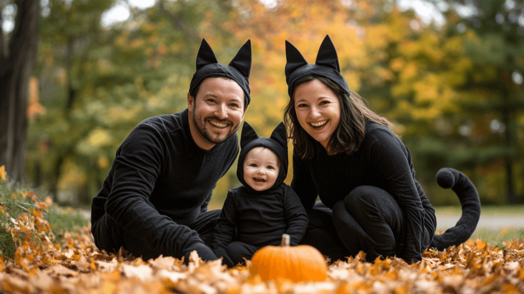 family of 3 in cat costumes; family halloween costumes