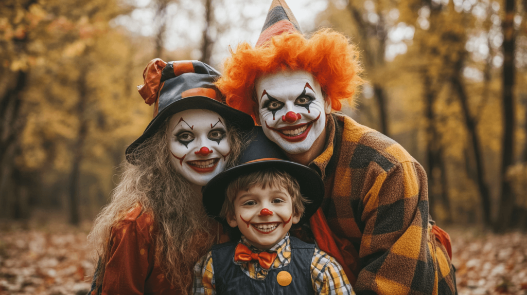 family of 3 dressed as clowns; family Halloween costumes