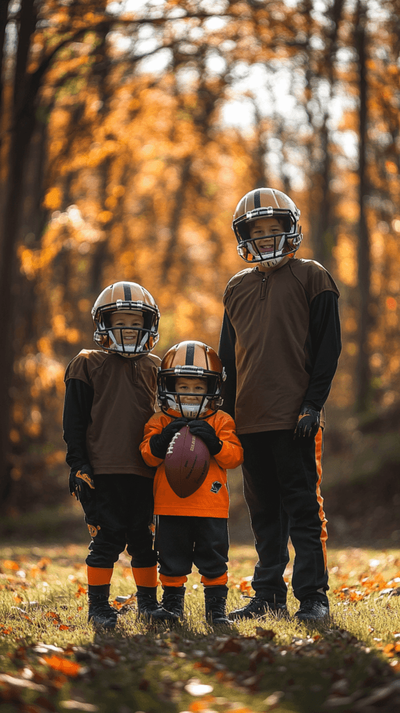 three kids dressed as football players for halloween