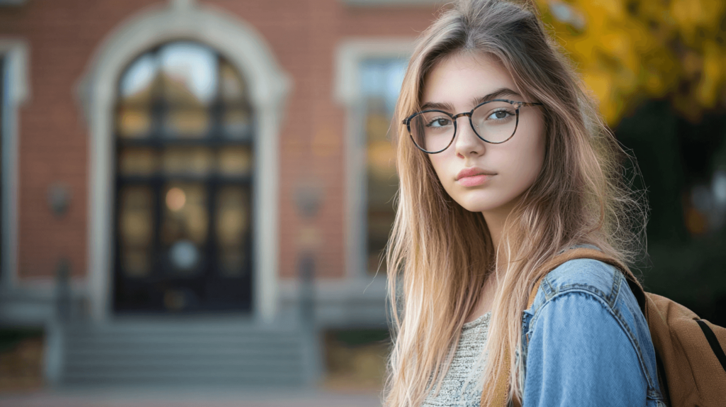 back to school outfits; an attractive female teenager in front of a school wearing glasses, no smile 