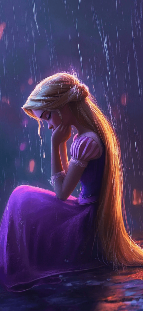 Rapunzel, Tangled kneeling and crying in the rain; Disney wallpaper