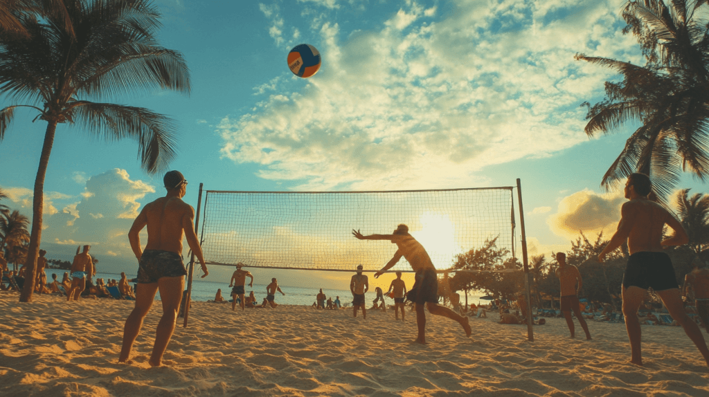 outdoor photo of a family playing beach volleyball