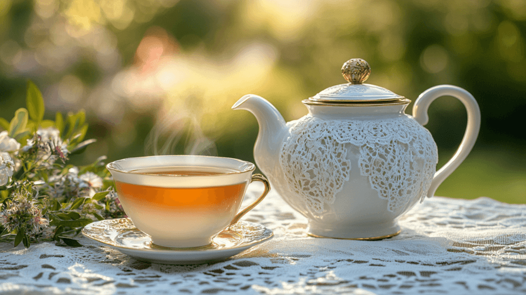 outside photo of a beautiful tea cup full of tea, with an elegant tea pot next to it, lace tablecloth