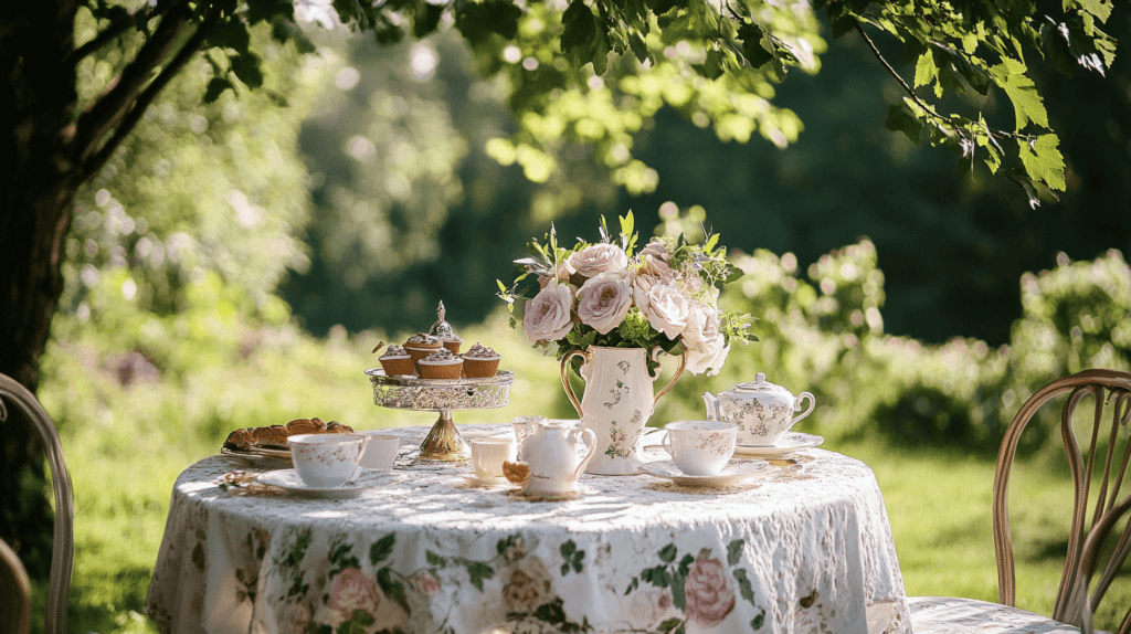 outside photo of a table set up for a garden tea party; tea party ideas