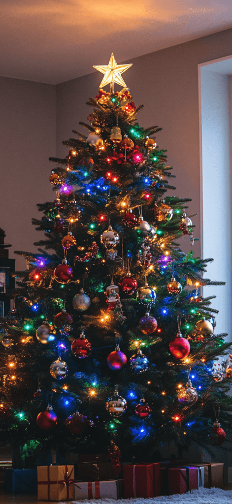 Christmas tree decorated with balls and lights 