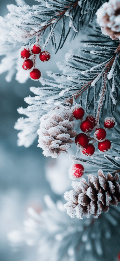 white snowy branch with red berries